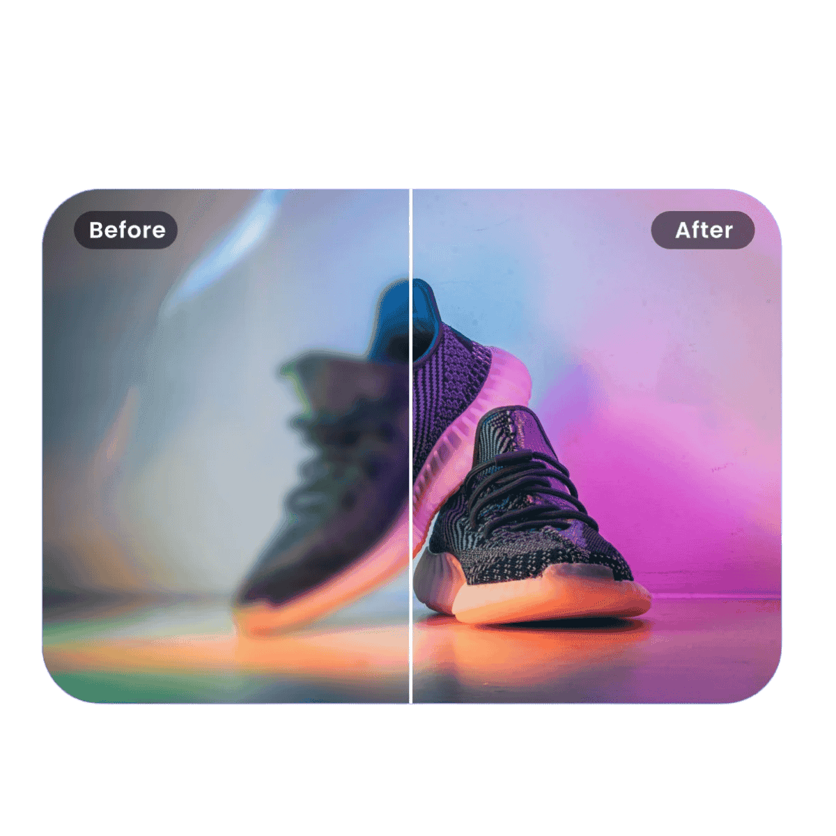 Before and after AI image upscaling — blurry low-res photo transformed to sharp, clean high-resolution detail with no shadows or artifacts